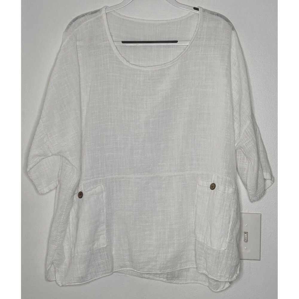 Made In Italy Cotton Blouse Placket Pocket White Wood Buttons Lagenlook